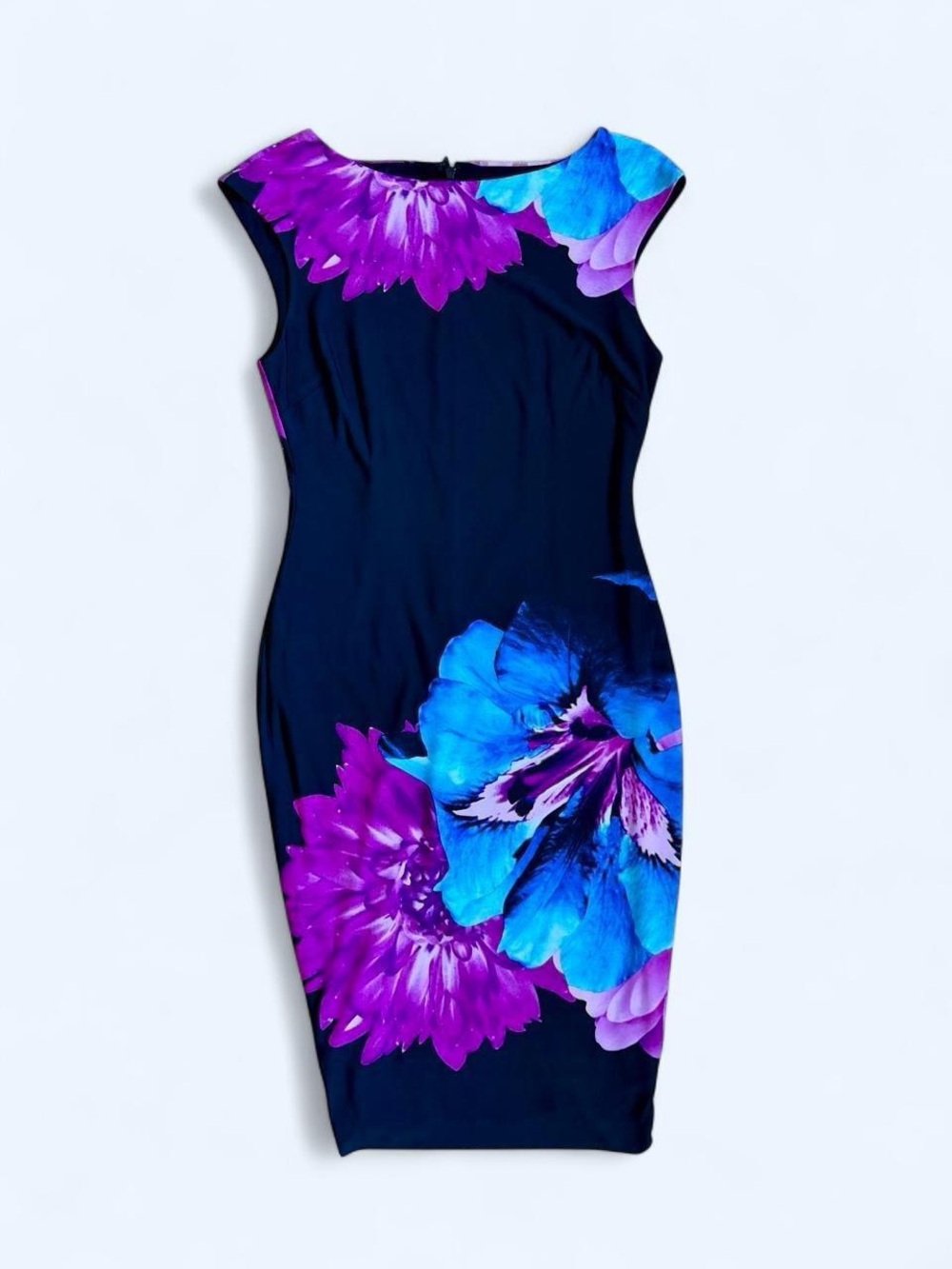 Caché Y2K Black Floral Bodycon Sheath Dress | Cap Sleeve Cocktail Party | Sz 4